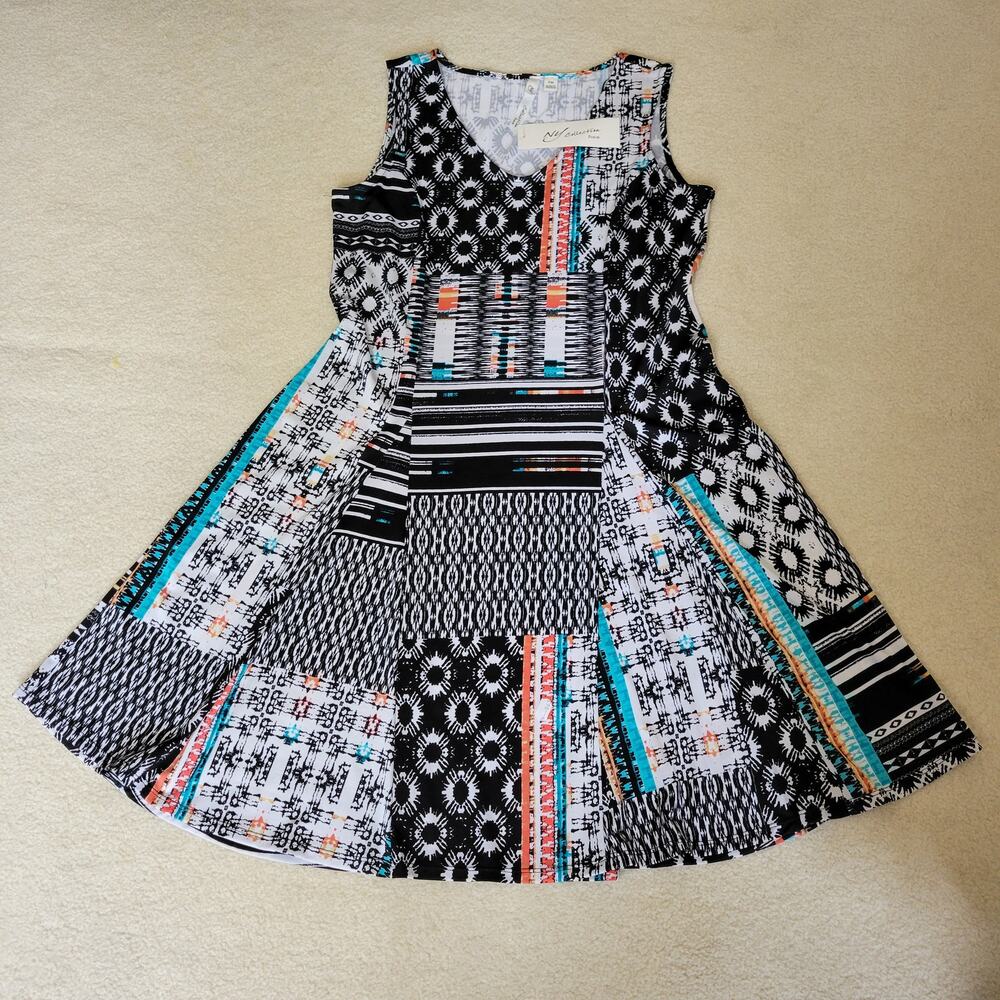 NWT NY Collection PM Fit & Flare Dress Sleeveless V-Neck Pullover Multicolor